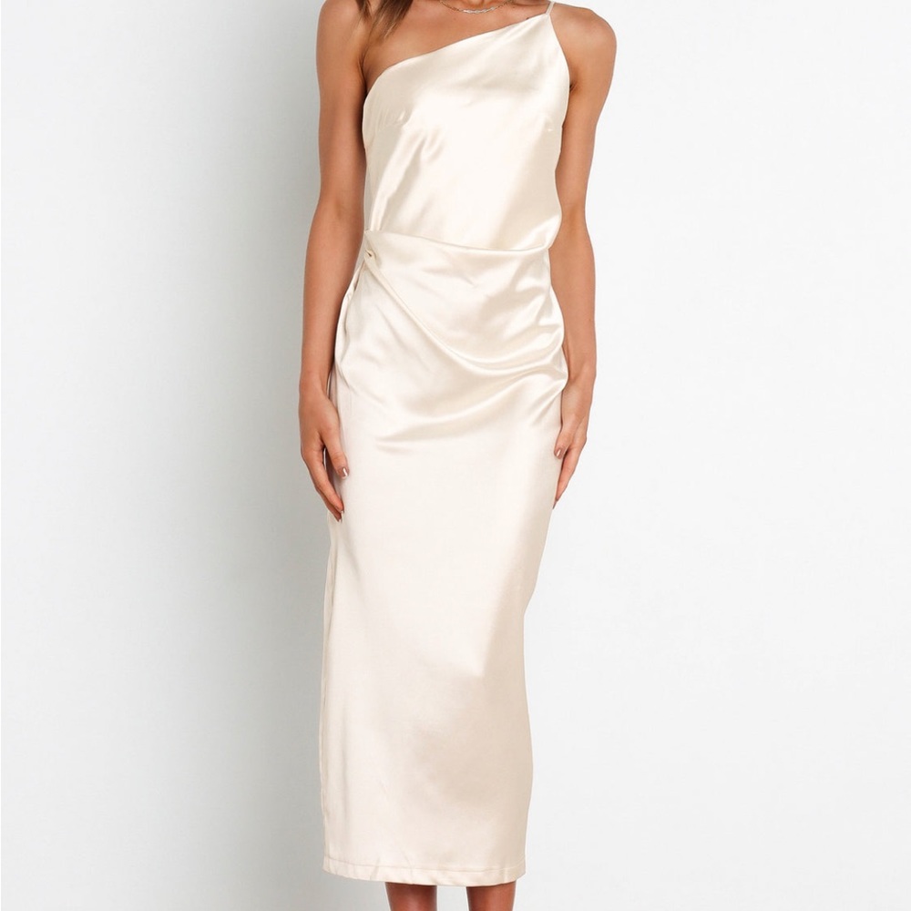 Ivory, one shoulder dress.